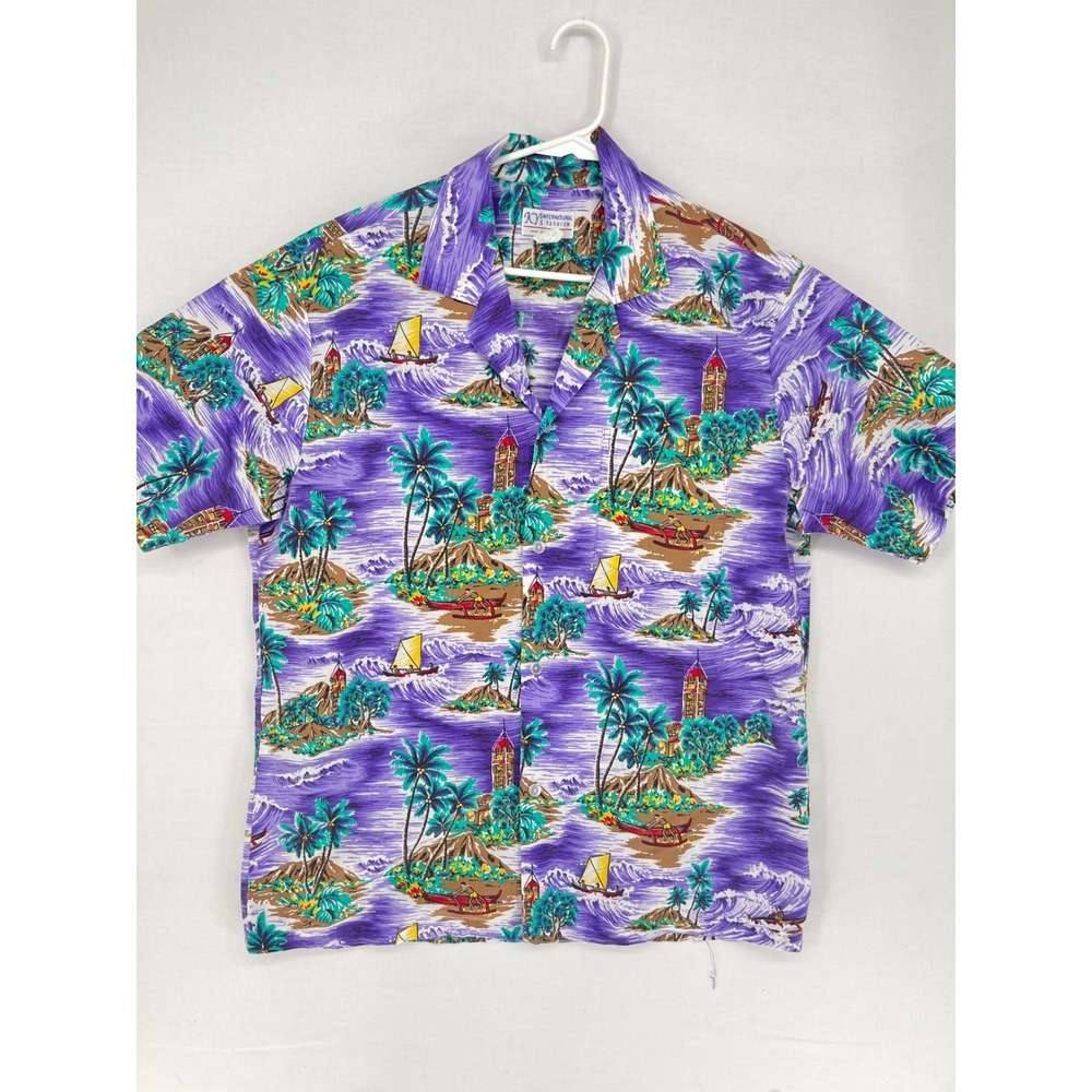 KY'S International Fashion Hawaiian Shirt Mens Large Purple Tropical Made in USA